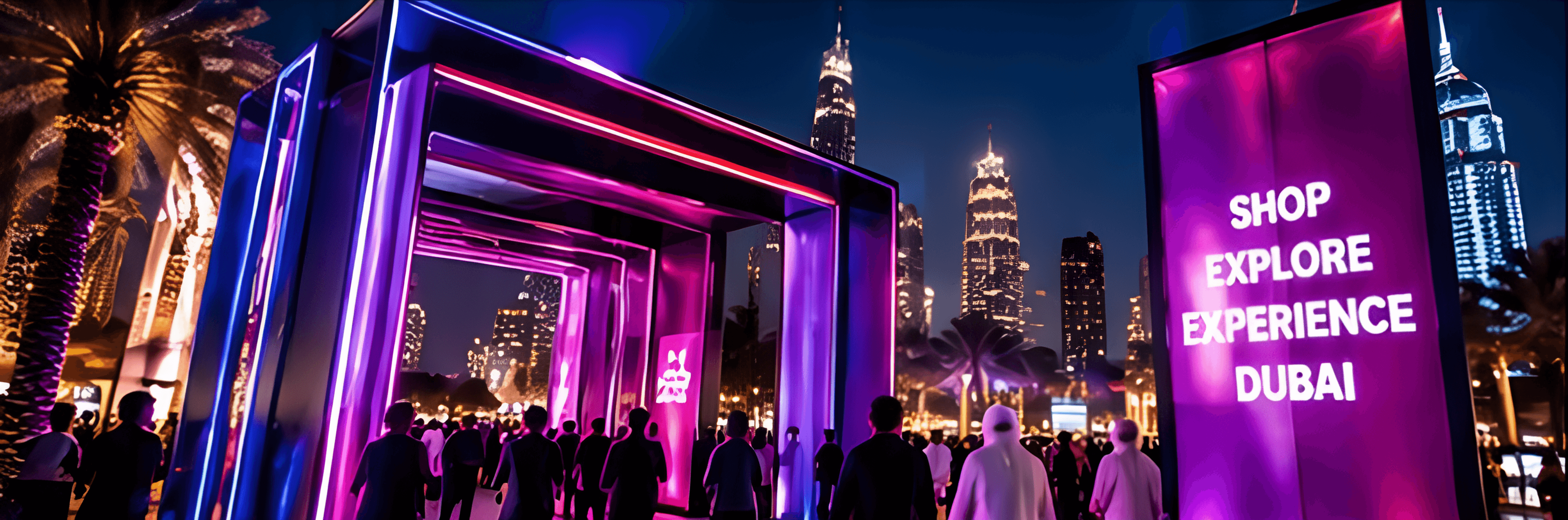 Visitors walk through illuminated DSF arches with the Dubai skyline at night